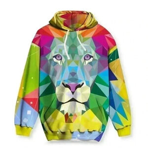 Spiritual Lion Hoodie Colorful Abstract Long Sleeve Front Pocket 52”W 31”L